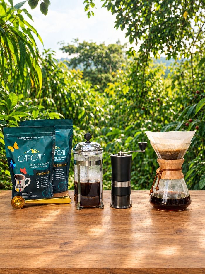 CAF CAF preparado en prensa francesa, molino manual y Chemex